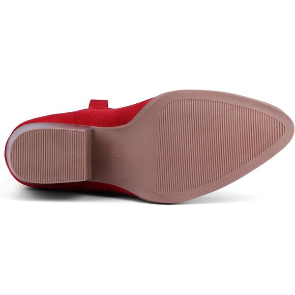 Women Red Suede Mid Calf Chunky Block Heel Western Embroidered Cowgirl Boot - Picture 6 of 7